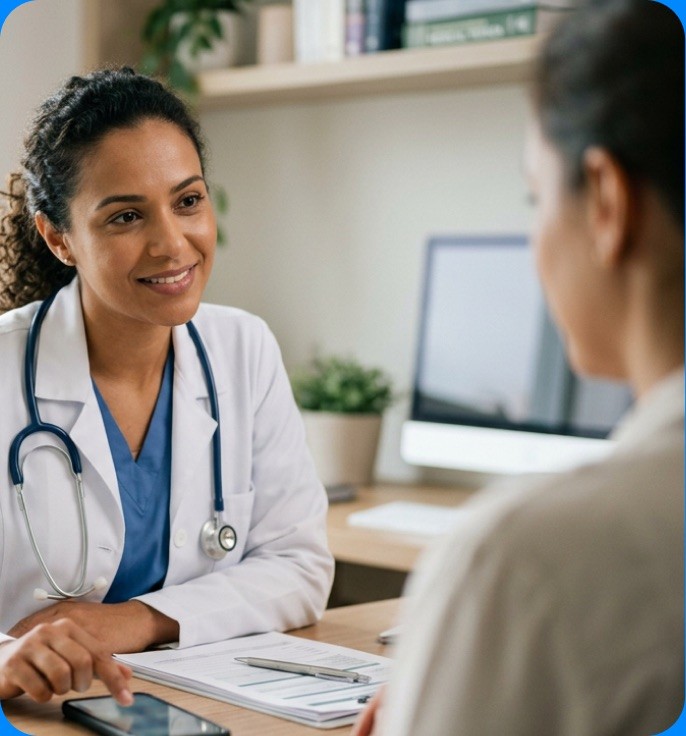 Dermatologista em consulta, com o celular sobre a mesa transcrevendo