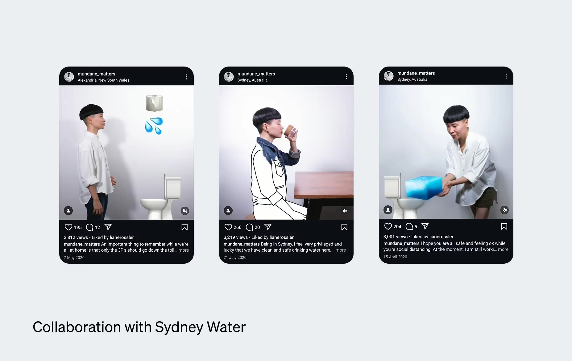 Three Instagram Reel screenshots from the Mundane Matters x Sydney Water collaboration, showing playful water-conservation vignettes with a toilet, a drinking glass and a giant water-drop cube, captioned 'Collaboration with Sydney Water.'