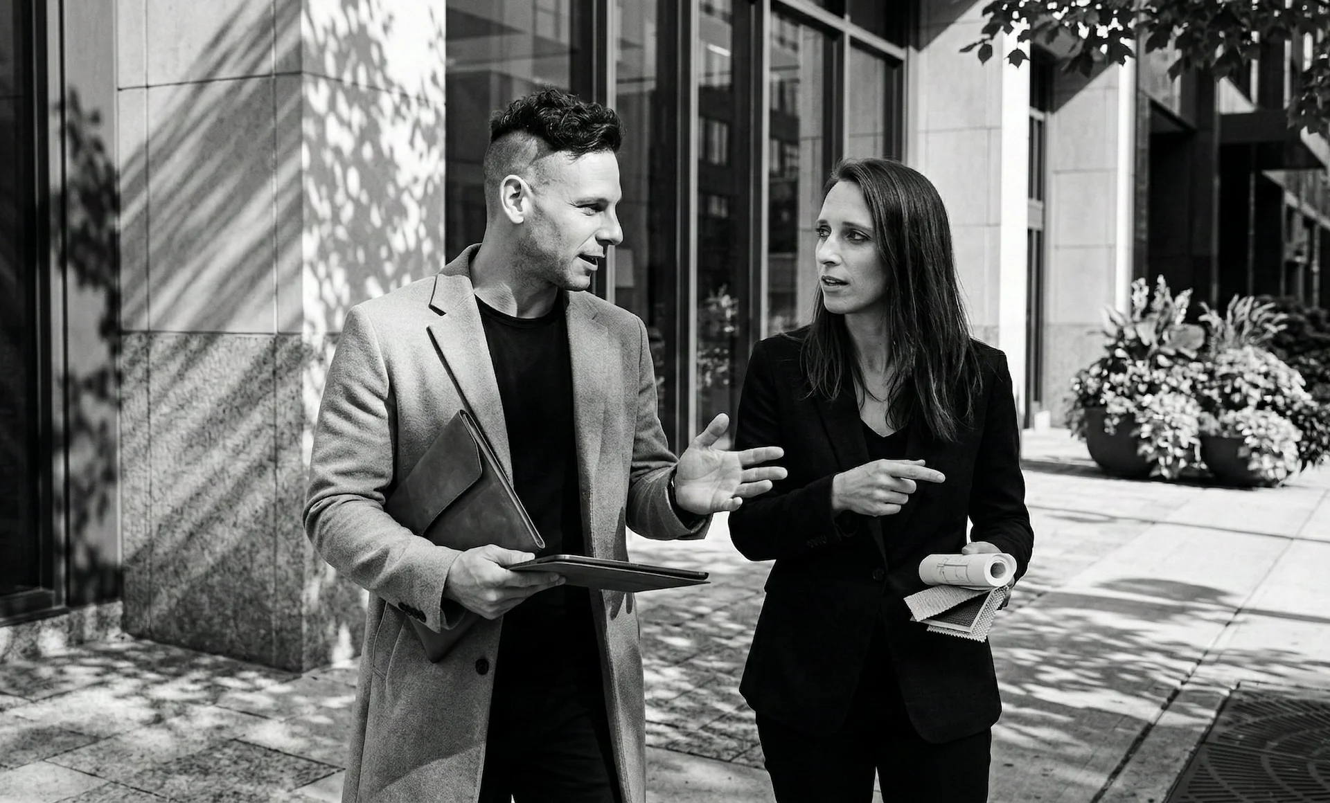 Tim en Iris Knubben in gesprek onderweg naar een projectlocatie, met tekeningen en materiaalstalen in de hand