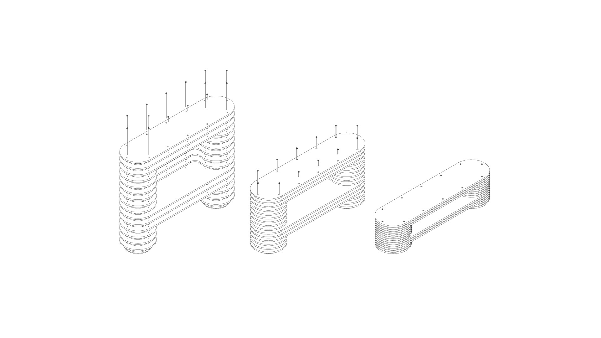 Exploded technical drawing showing layered plywood slices and assembly components of the bench