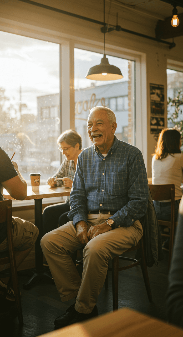 Andrés, paciente de 72 años, sonriente en una cafetería tras aprender a gestionar el tinnitus con herramientas del centro auditivo