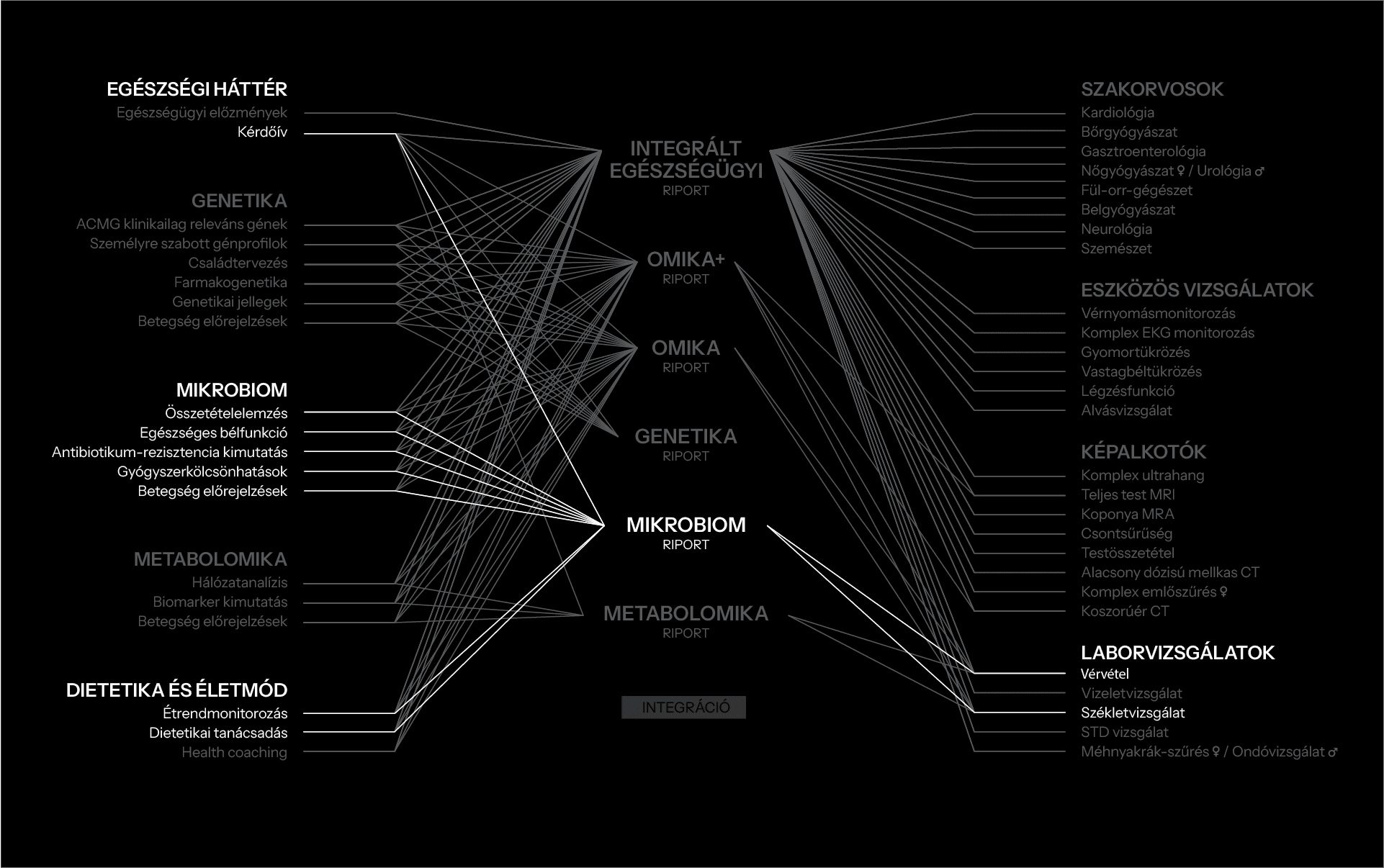 A complex network diagram in black and white illustrates interconnected lines representing various health and medical fields like genomics, microbiomes, dietetics, and laboratory tests, showcasing relationships with headings in Hungarian.