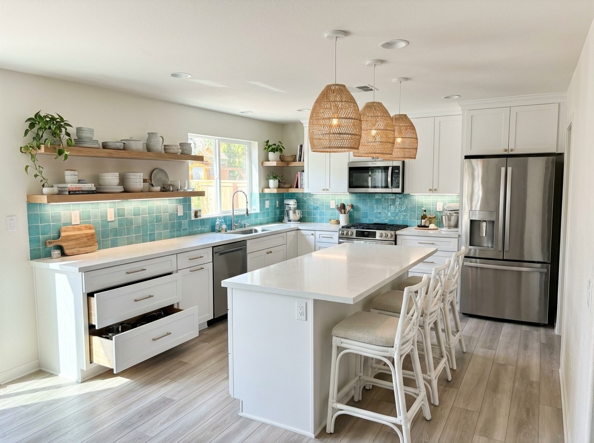Bright coastal kitchen with white cabinets, turquoise zellige backsplash, rattan pendants