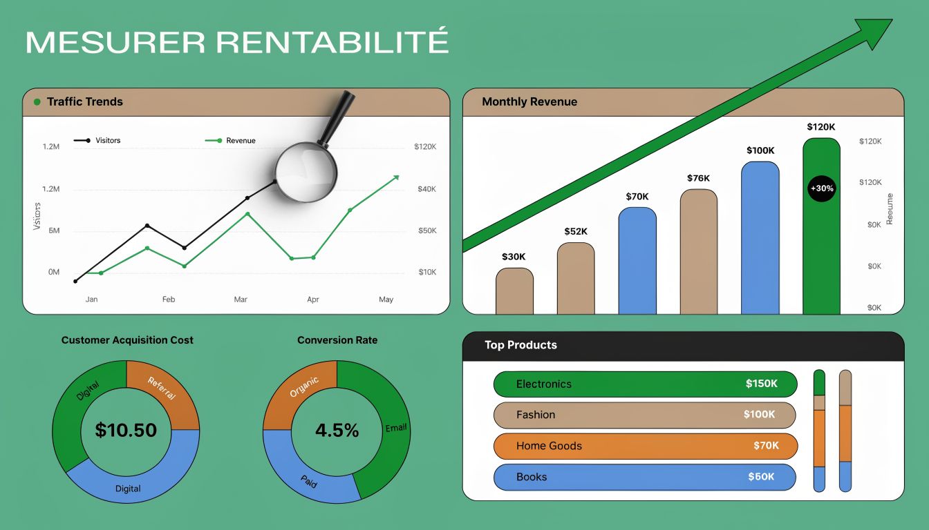 Tableau de bord professionnel affichant des graphiques de rentabilité, de revenus mensuels et de taux de conversion.