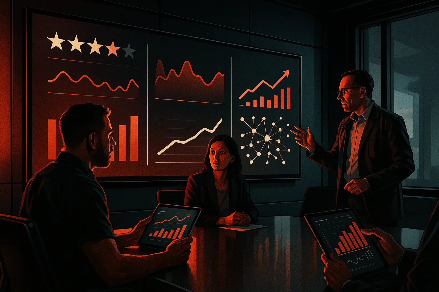 团队在现代会议室讨论数字营销策略,显示屏有图表。