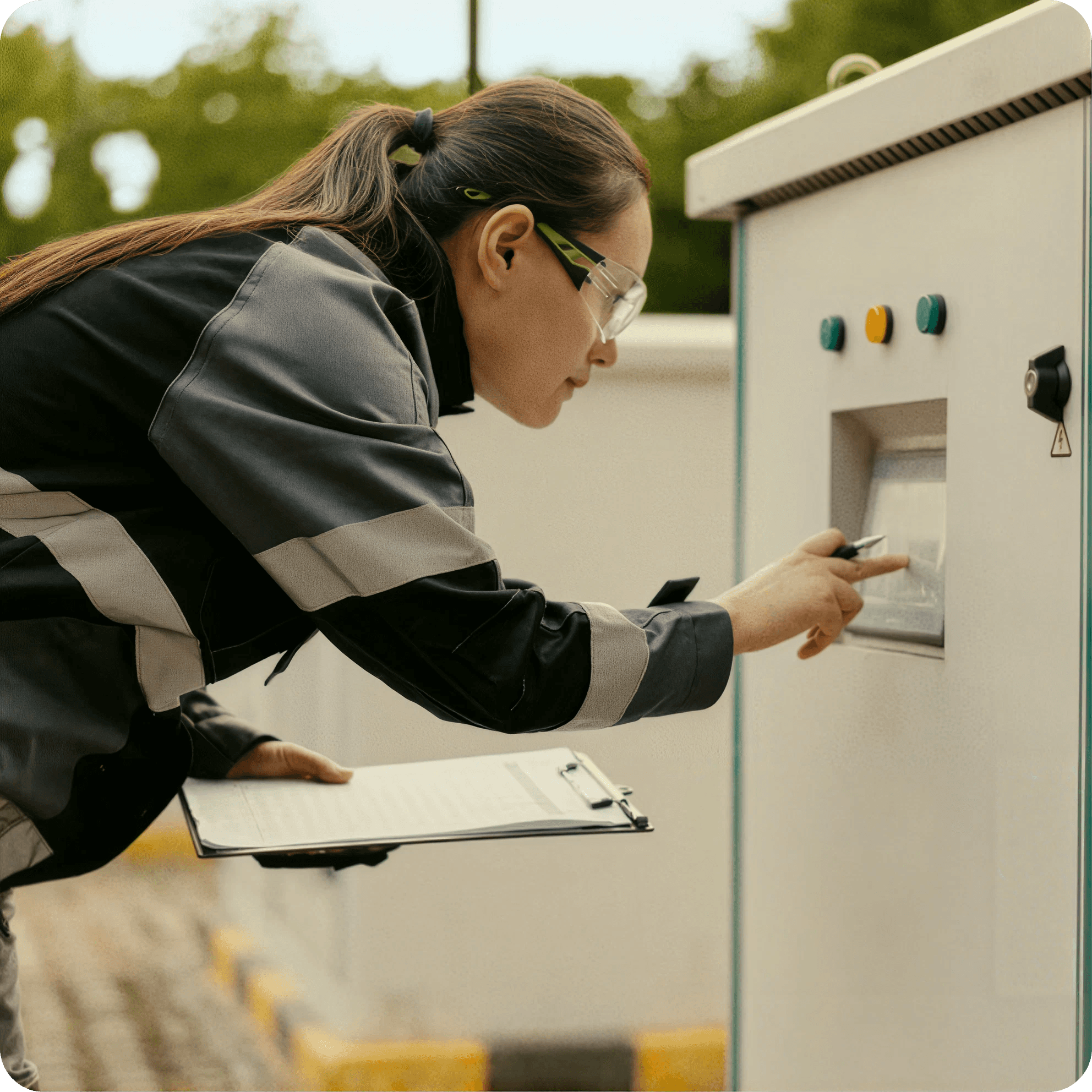 Technikerin prüft Energieanlage im Betrieb, Vorbereitung für Batteriespeicher Einsatz