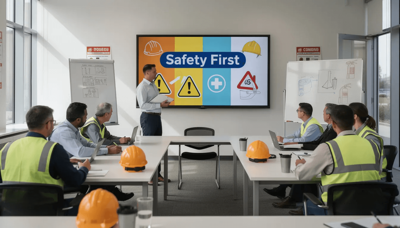 The image depicts a diverse group of workers in a classroom setting, attentively participating in a safety training session focused on occupational safety and health administration. They are engaged in learning about workplace safety practices and compliance with OSHA standards to ensure worker safety and prevent occupational injuries.