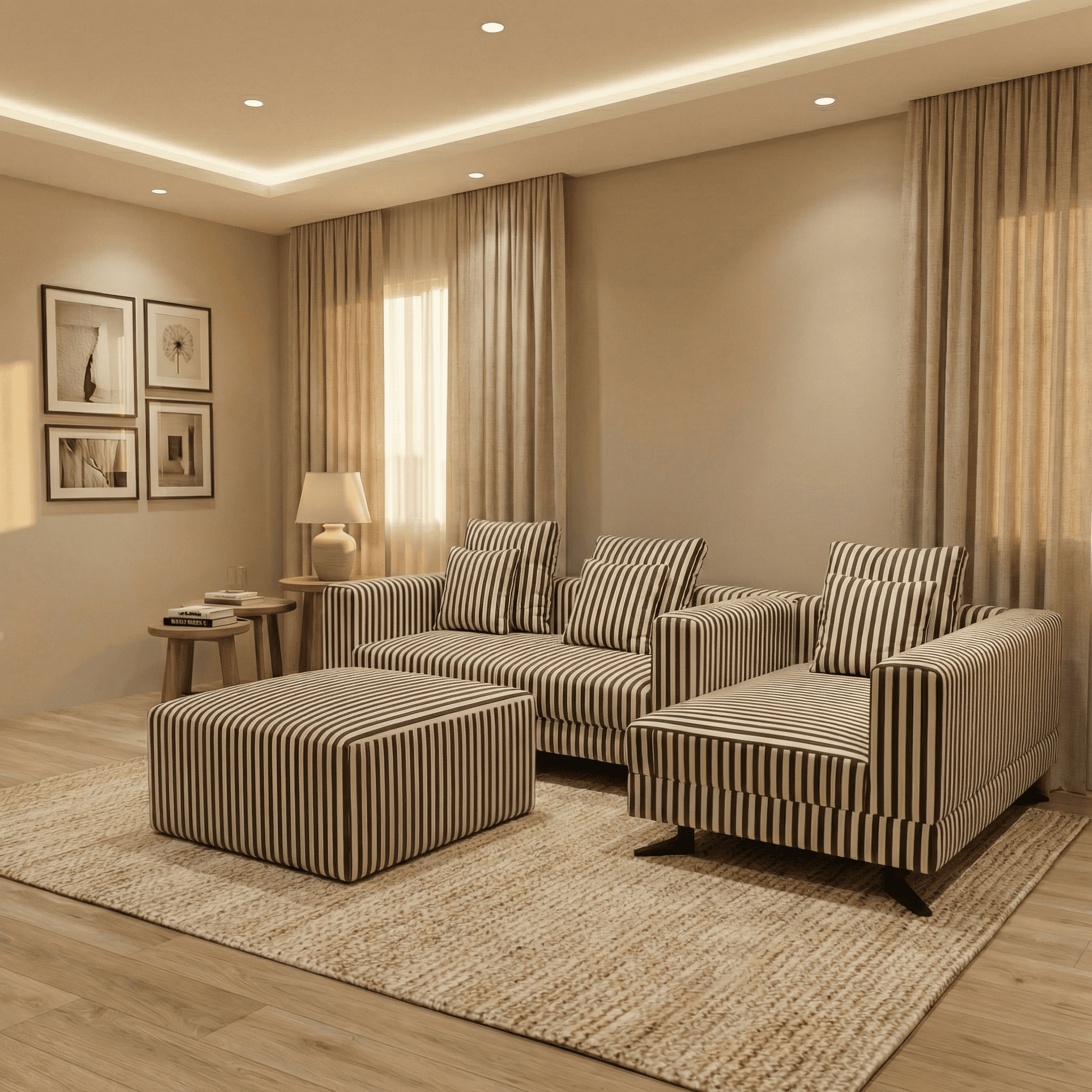 Luxury lounge seating with striped armchairs styled in a minimalist neutral interior
