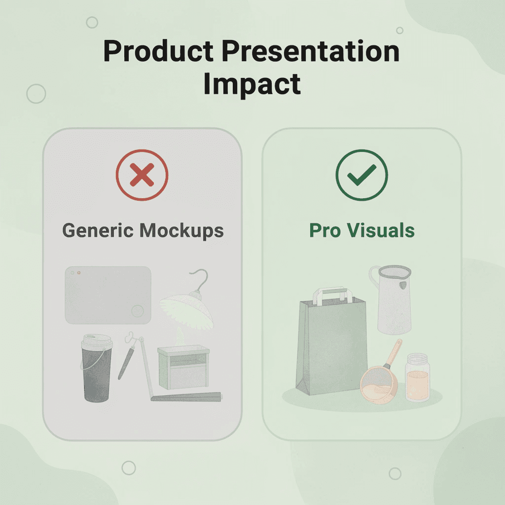 Before and after showing generic mockups versus professional product visuals