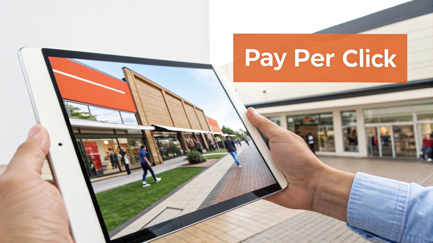 A person holds a tablet showing a vibrant shopping street, with an overlay text 'Pay Per Click'.
