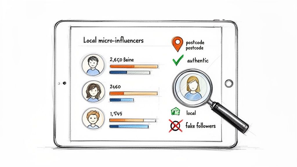 Tablet screen displaying local micro-influencer profiles, showing authenticity, location, and no fake followers.