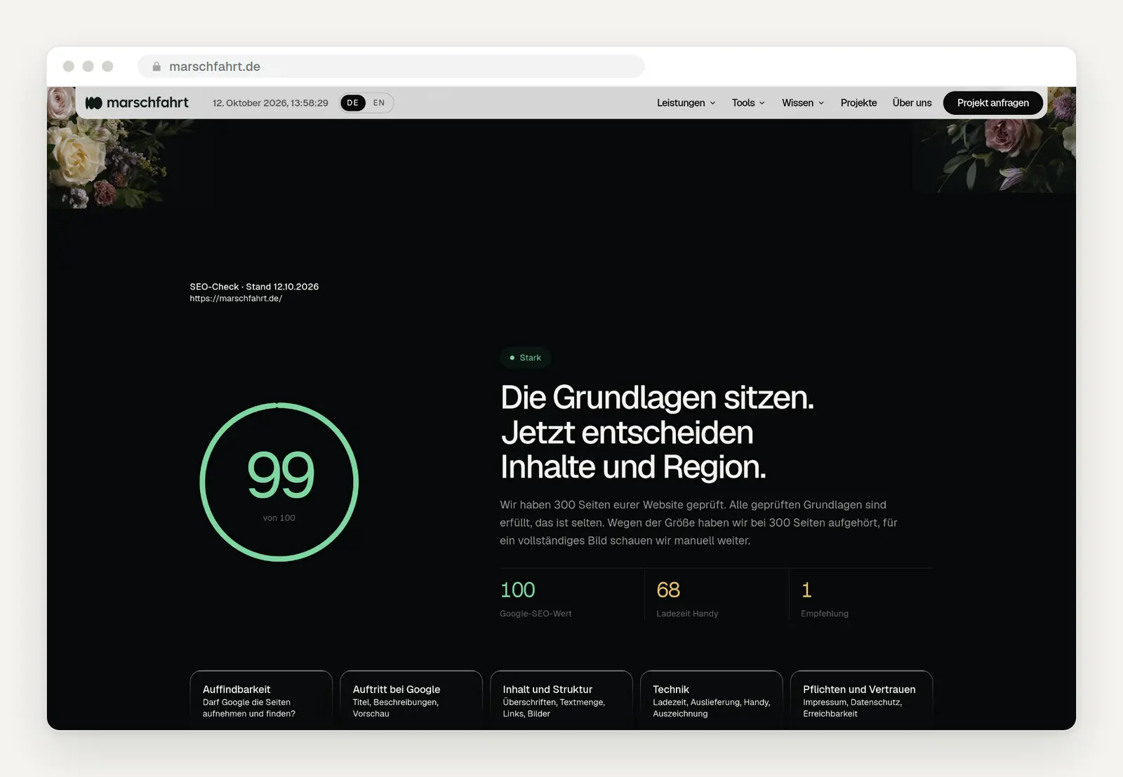 Kostenloser SEO-Check: Ergebnis 99 von 100 Punkten für marschfahrt.de mit Ladezeit-Wert Handy 68