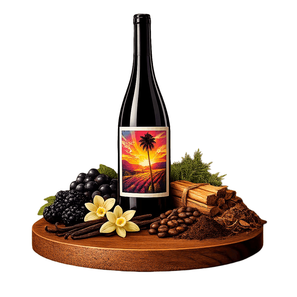 Artistic label and flavor profile for Californian Cabernet Sauvignon on a rustic wooden table.