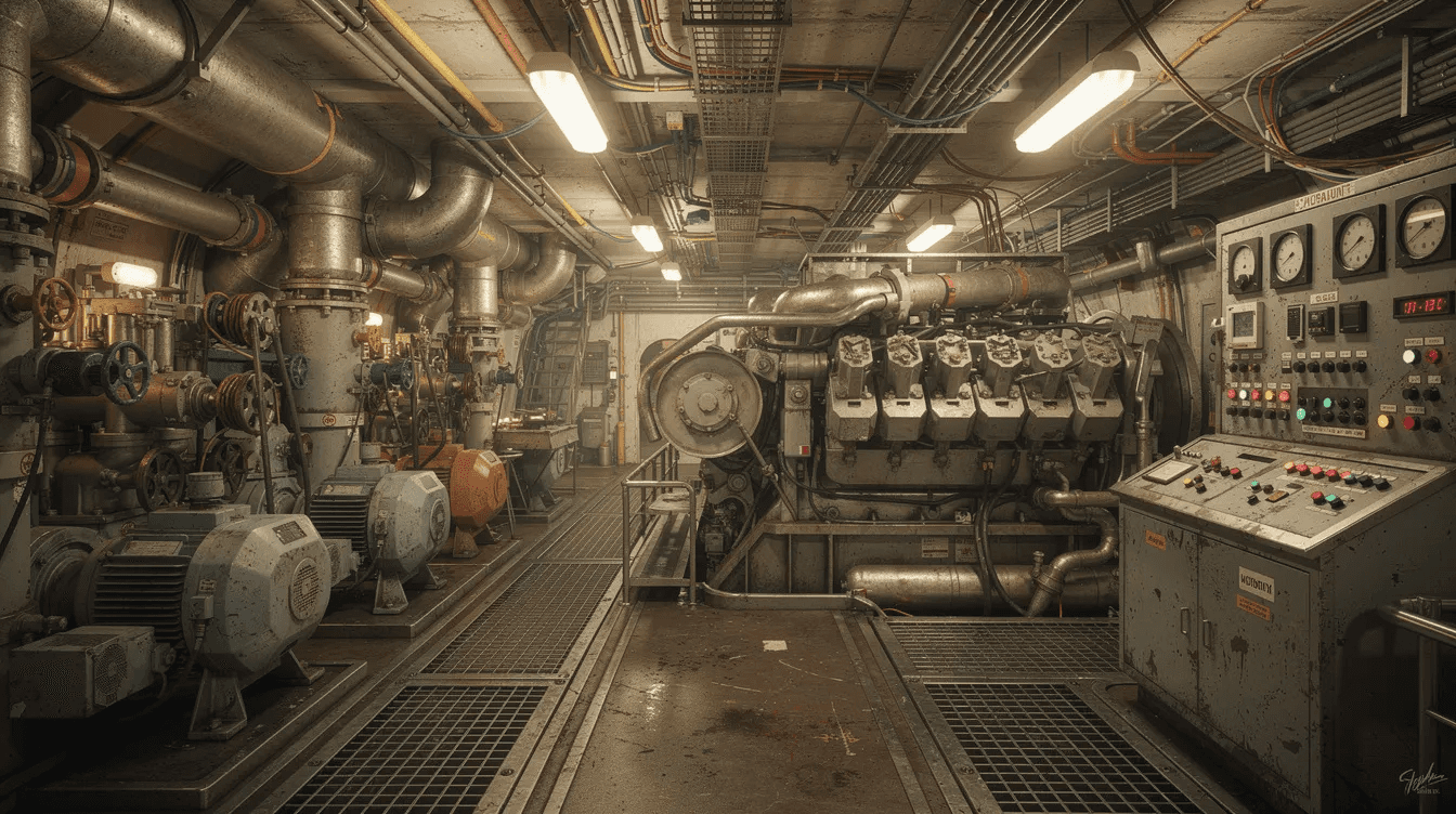 The image depicts the engine room of a cargo vessel, showcasing interconnected machinery equipped with various sensors for real-time data collection. This setup is essential for implementing IoT-based predictive maintenance, allowing maintenance teams to monitor equipment performance and identify potential failures, ultimately improving operational efficiency and reducing unplanned downtime.