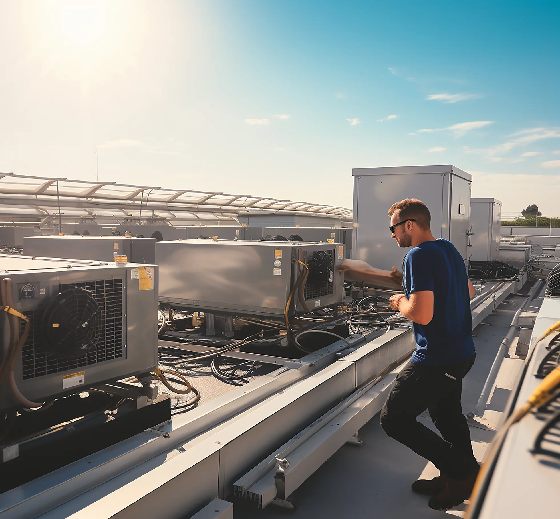 Commercial HVAC engineer inspecting large industrial chiller units on a sunny corporate building rooftop.