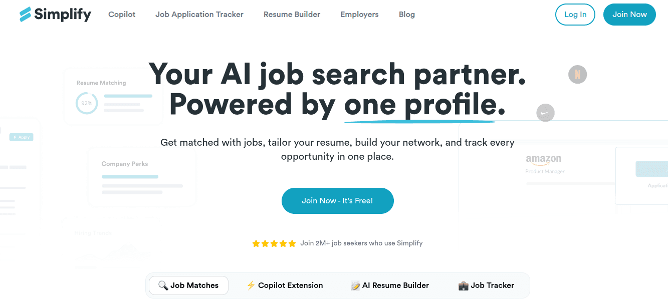 Simplify AI job search partner with Copilot extension, AI resume builder, and job tracker for 2M+ job seekers