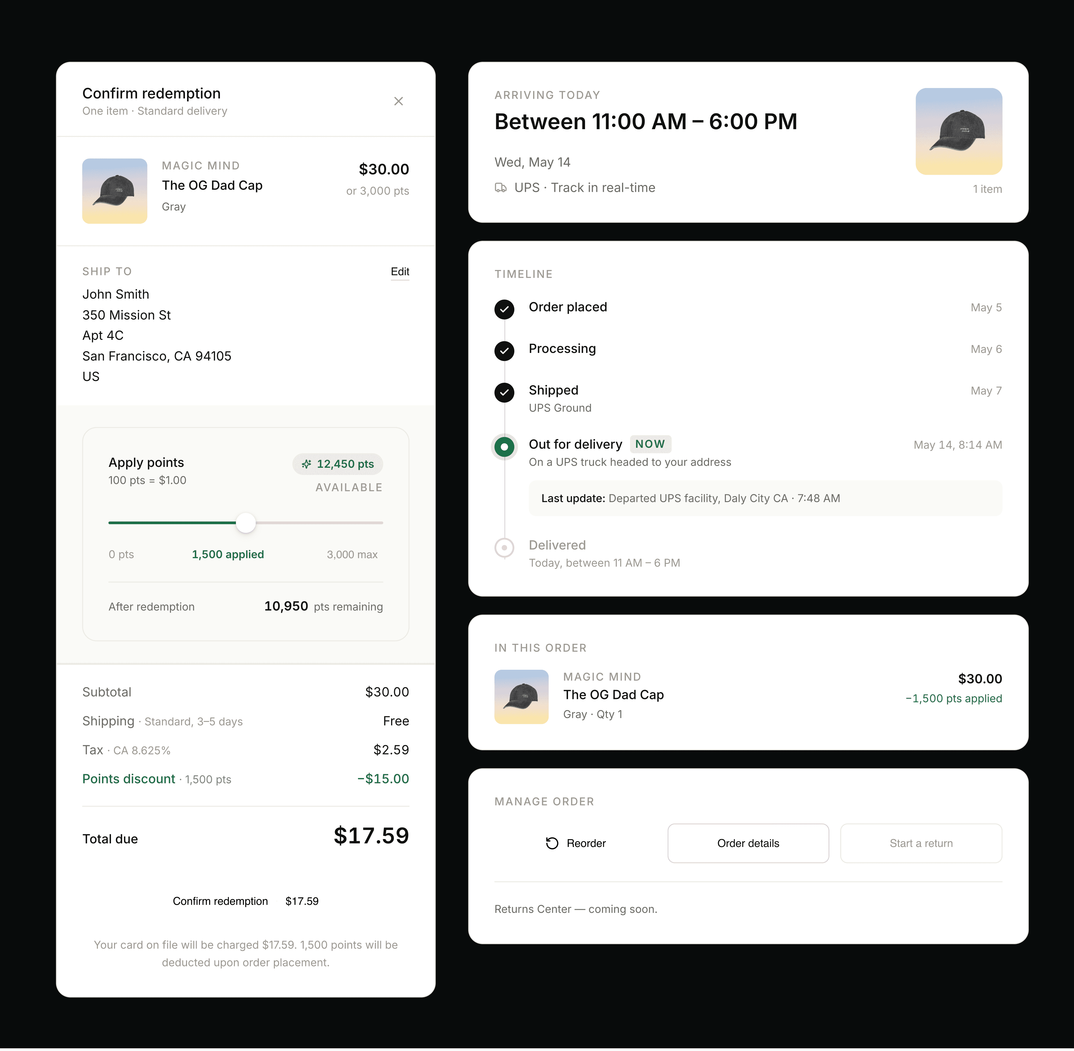 Rye for Rewards components rendering a full redemption lifecycle: a PaymentSheet with the PayWithPoints slider applying 1,500 points to a $30 Magic Mind OG Dad Cap order (left); on the right, an arriving-today delivery card, an OrderTracking timeline from order placed through out-for-delivery, the ordered item with 1,500 points applied, and a manage-order card with reorder, order-details, and returns actions.