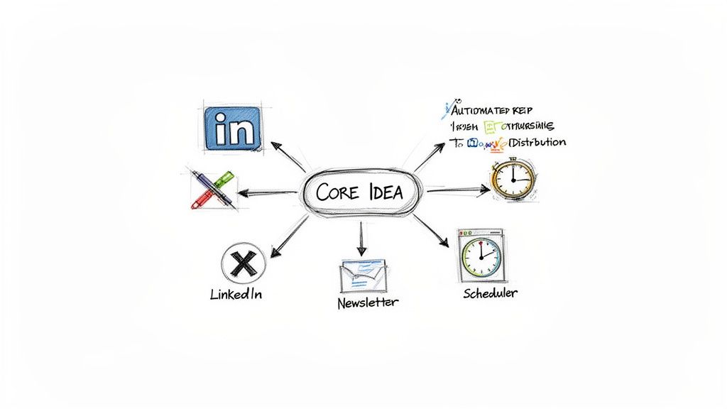 Mind map of a 'Core Idea' connected to social media, writing tools, newsletter, scheduling, and automated distribution.
