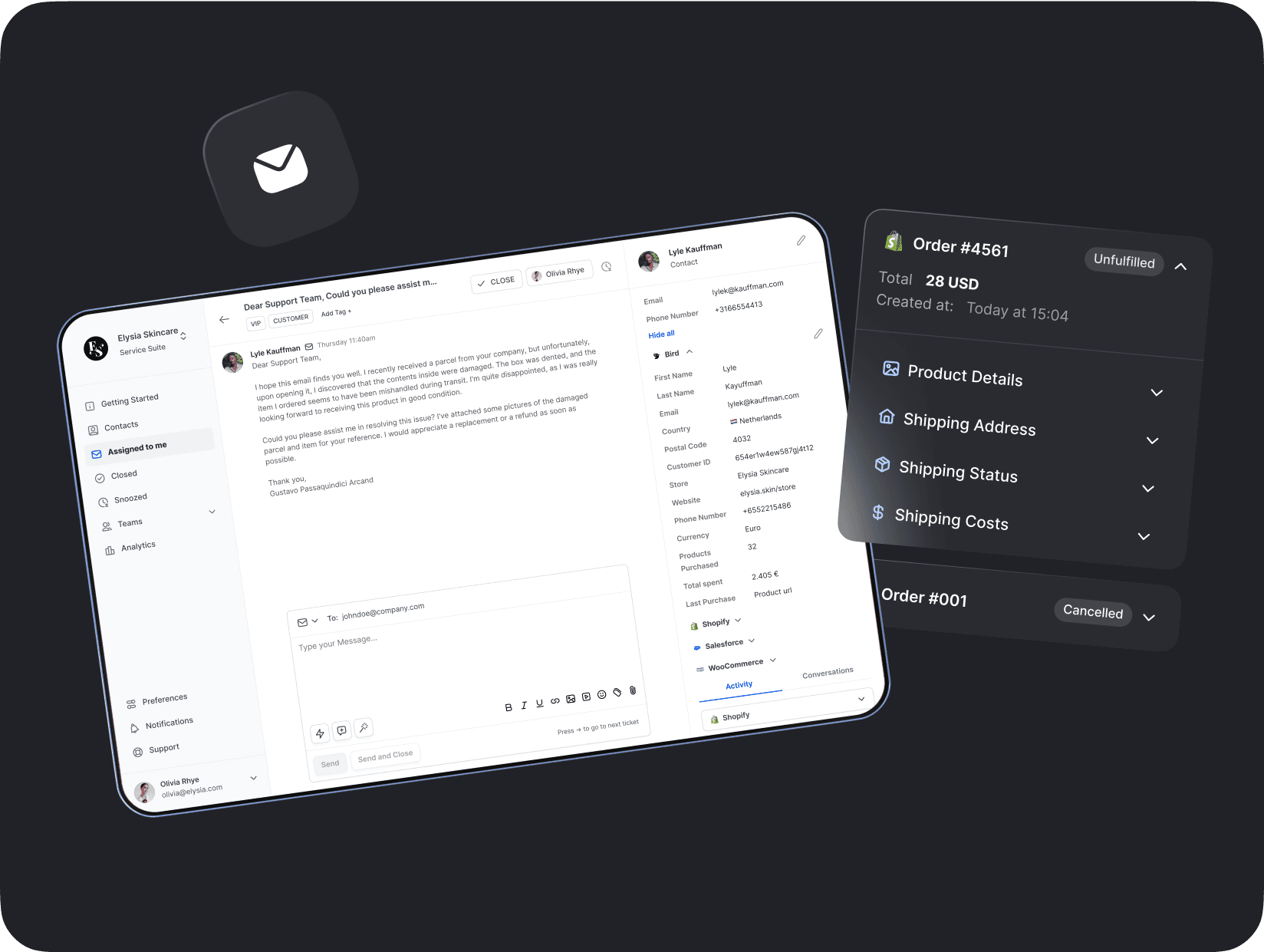 Support team dashboard showing customer query details, order information, and product status, integrated with Shopify and Salesforce for tracking.