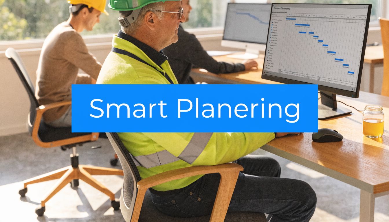 Byggprojektledare och ingenjörer som arbetar tillsammans med smart planering och projektstyrning framför datorskärmar på ett kontor.