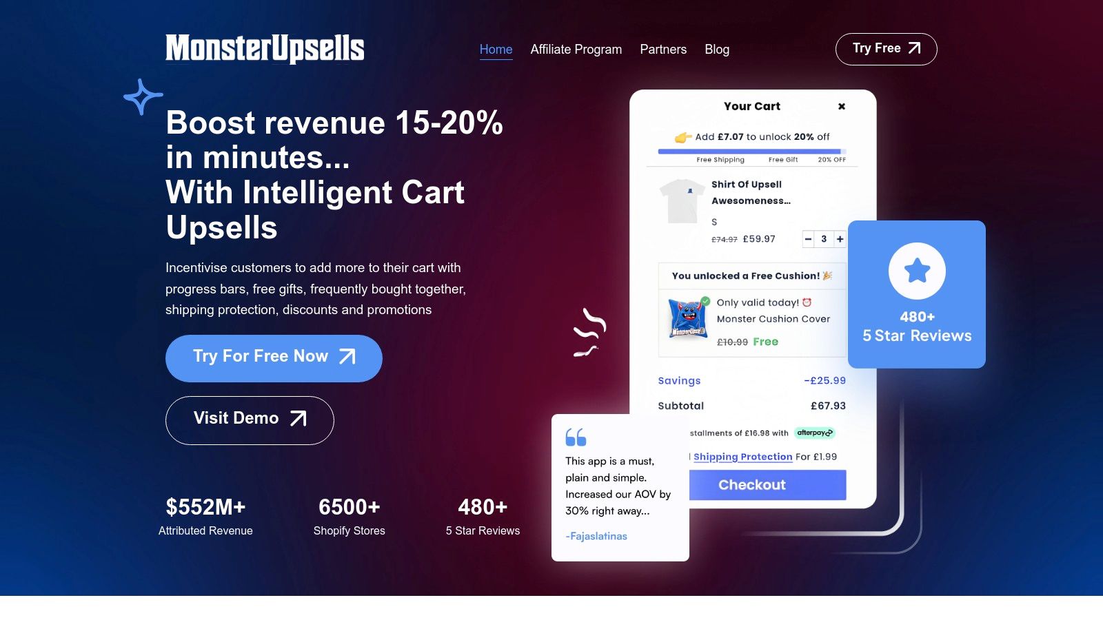A visual example of Monster Cart's in-cart upsell and rewards system, showing a progress bar for free shipping and a