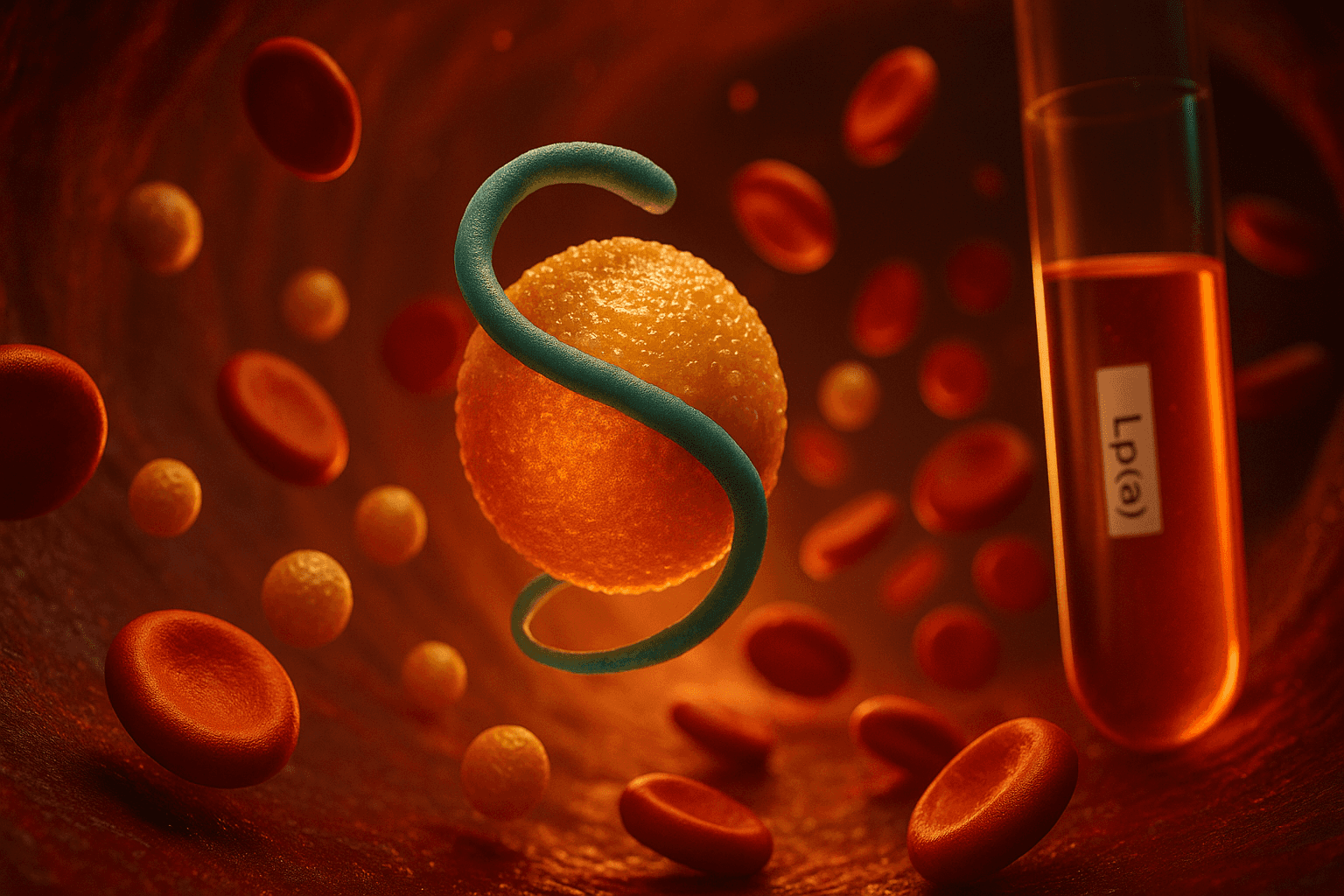 LP(a) - 3D visualization of LP(a) particle with teal protein tail inside a blood vessel next to a sample tube