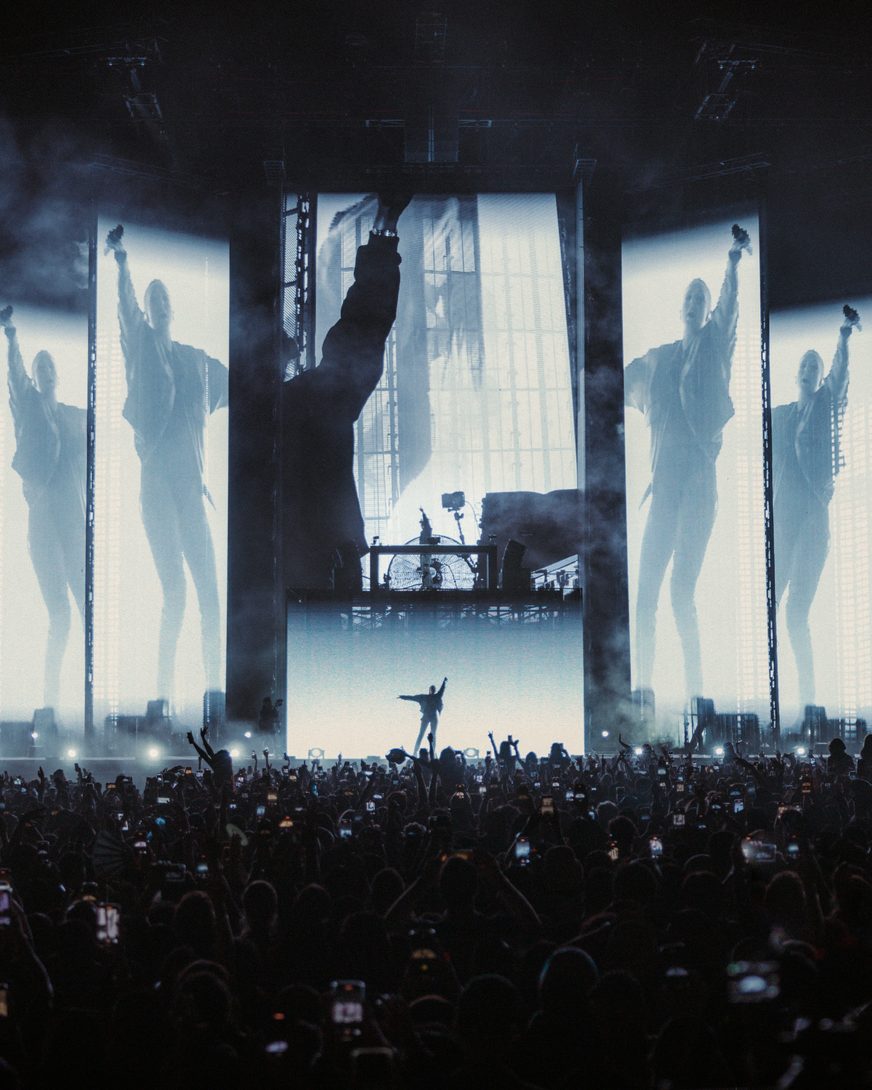 Dom Dolla commanding the stage with towering LED visuals and crowd energy at LA State Historic Park, photographed by Brandon Densley of A World Away