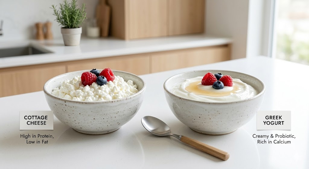 A side-by-side photo comparison of a bowl of cottage cheese and a bowl of Greek yogurt on a kitchen counter, both topped with fresh raspberries and blueberries, accompanied by text detailing their protein, fat, probiotic, and calcium content.