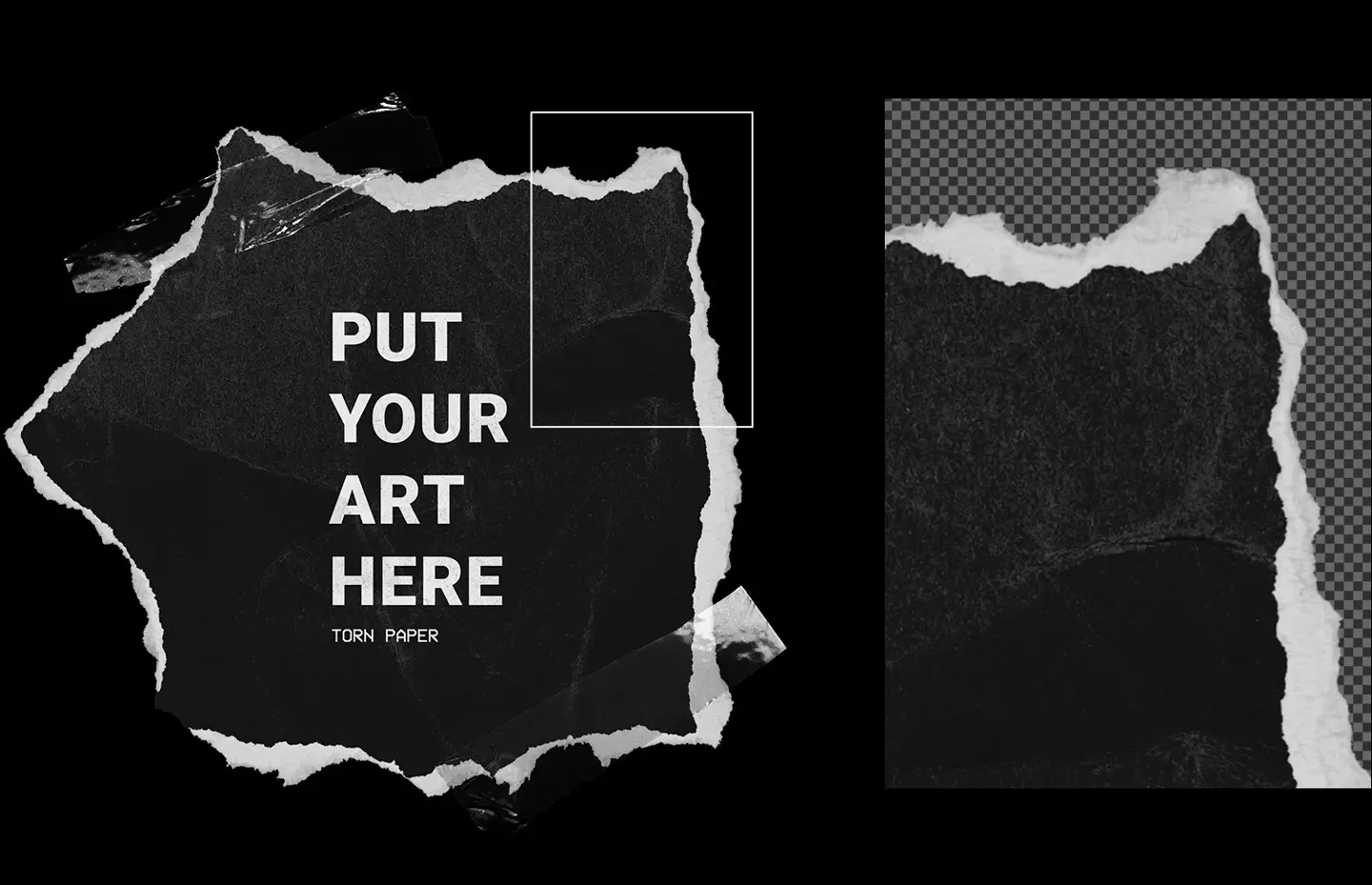 Macro close up of the Ripped Paper Scrap Mockup showing high resolution torn paper fiber details and tape transparency