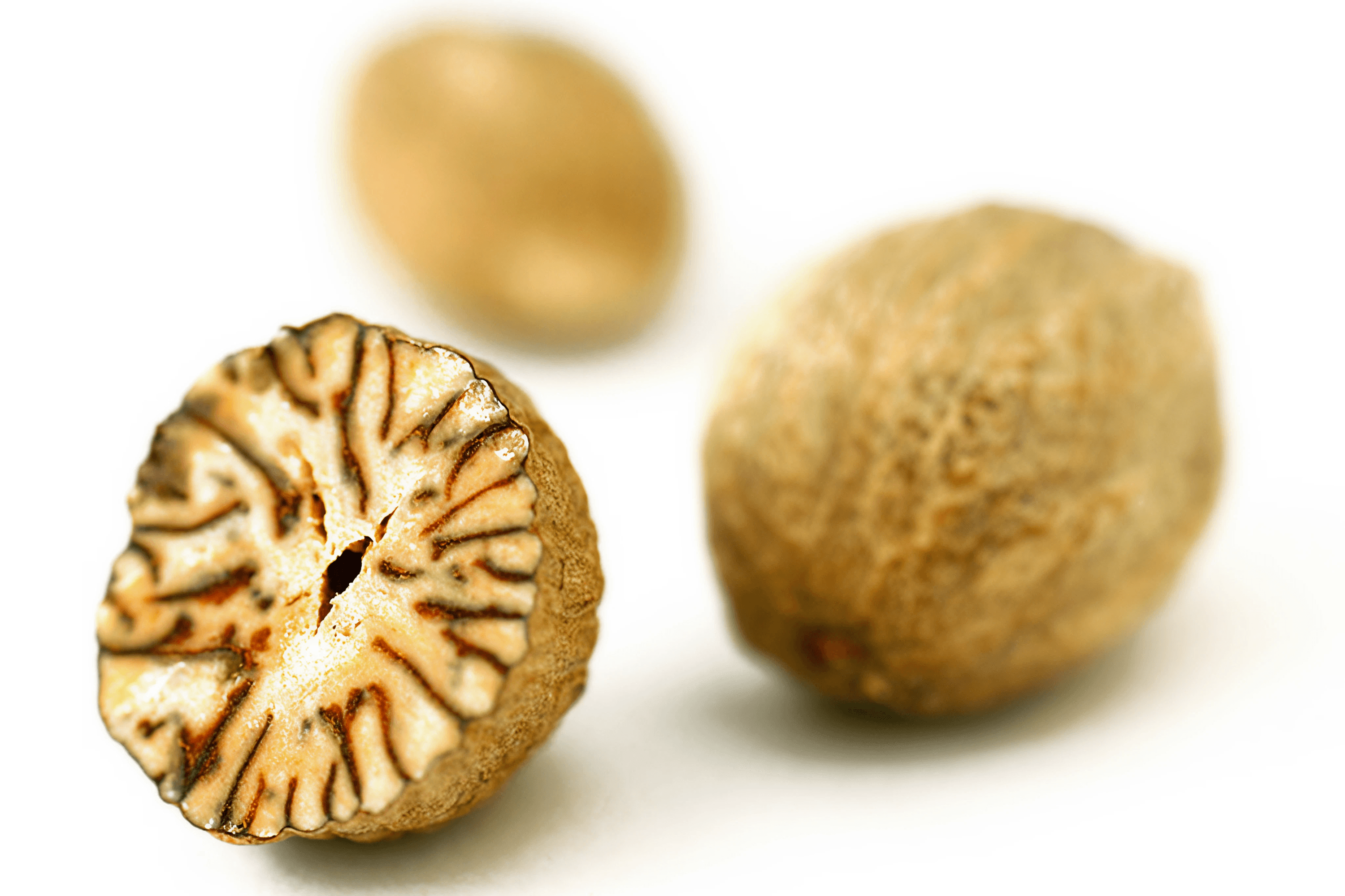 Nutmegs, one cut in half, on white background