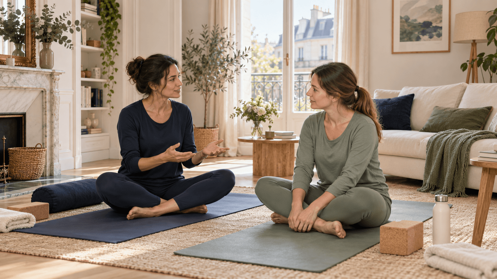 Professeure de yoga échangeant avec une débutante sur leurs tapis dans un salon