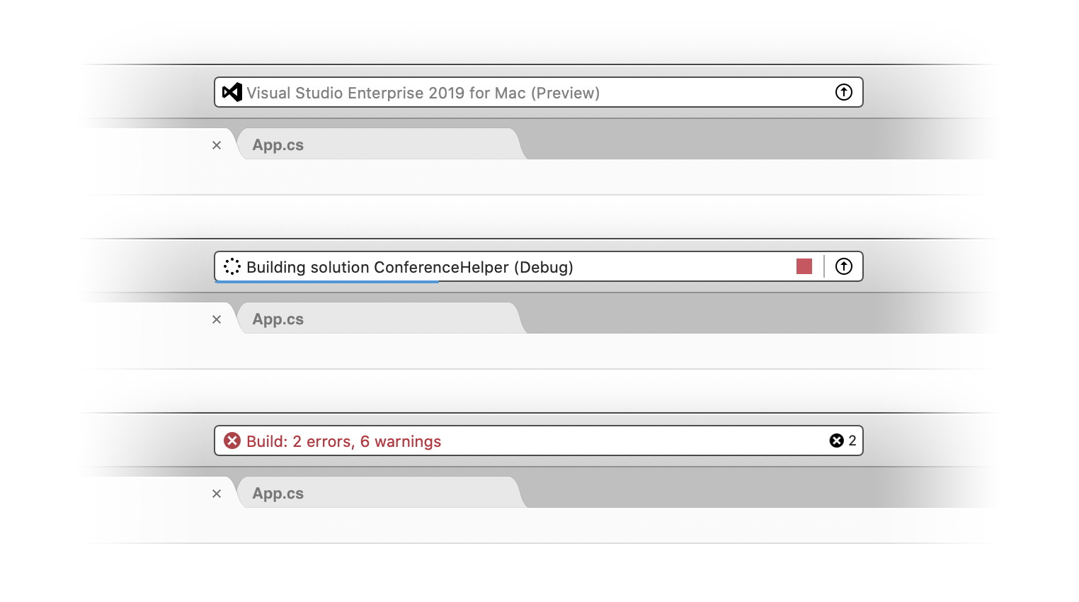 Screenshot of Visual Studio for Mac status bar in the ready state, building state with progress bar, and error state with error highlights.