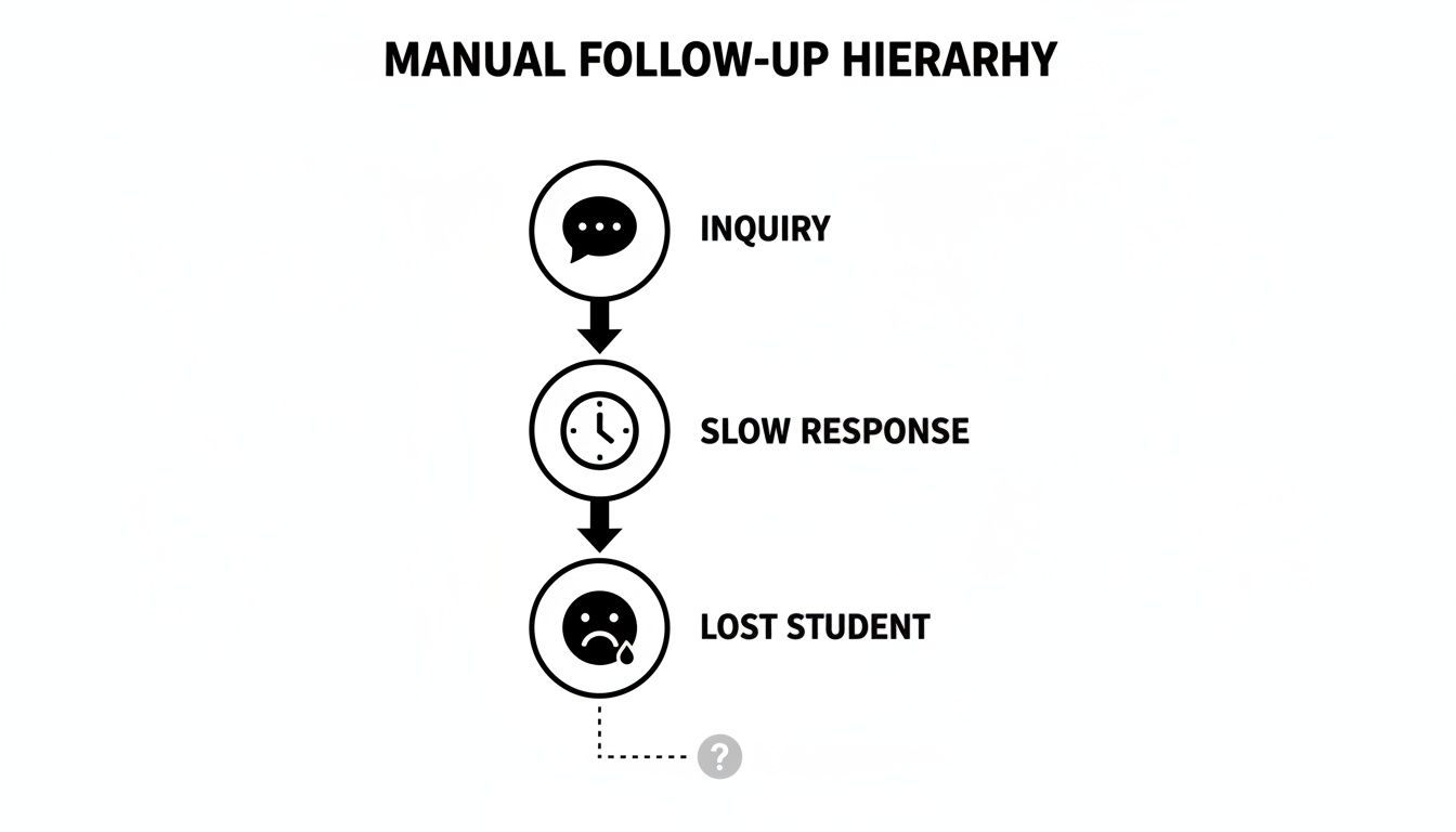 Diagram illustrating the manual follow-up process from inquiry to lost student, with a slow response step.
