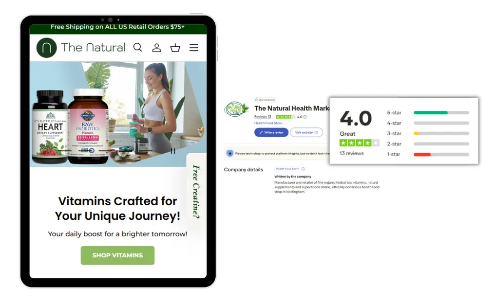 Tablet showing The Natural Health Market website with organic vitamins and 4-star reviews.