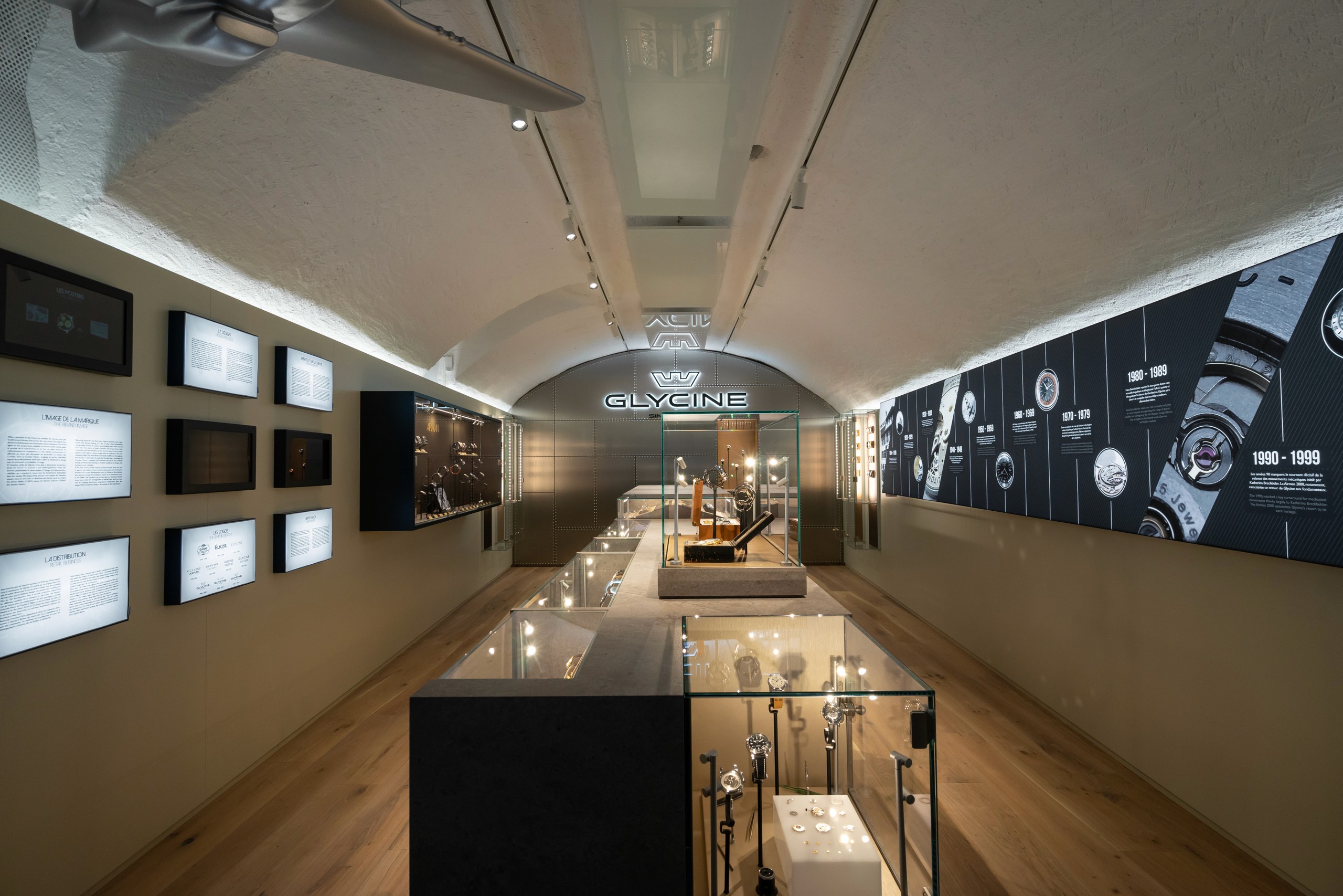 Timeline history of the brand  for Museum Glycine Watches design Concept in Biel Switzerland 