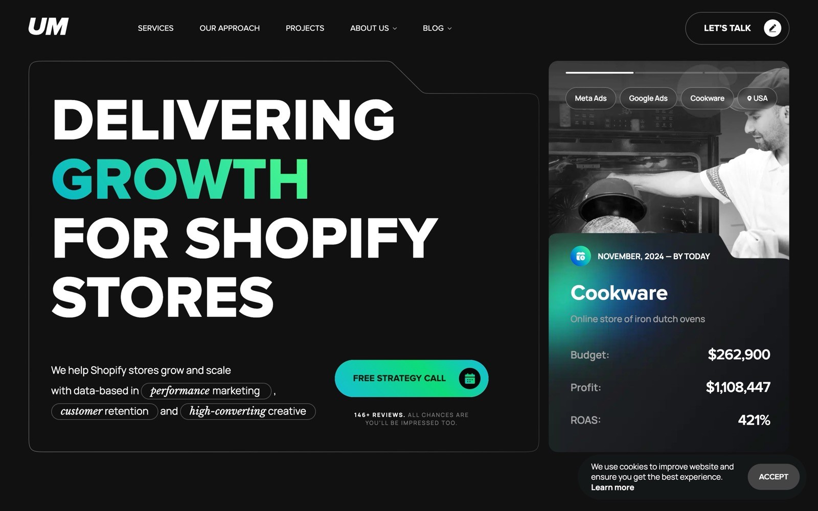 DELIVERING GROWTH FOR SHOPIFY STORES in bold white and green text on black. CTA button: "FREE STRATEGY CALL." Right card shows "Cookware" stats.