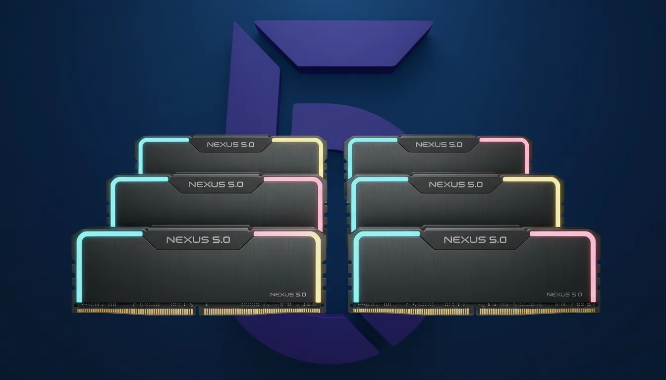 DSLR product photography of a symmetrical lineup of high-performance DDR5 RAM sticks. The RAM modules are shown from multiple angles—front, three-quarter, and side profile—and feature a matte black brushed aluminum heat spreader with minimalistic placeholder branding text. Thin vertical RGB strips glow with a soft pastel gradient of cyan, yellow, and magenta. The composition is set against a stylized background of deep blue and purple curved layers that subtly form the shape of a number 5. Soft studio lighting, sharp focus, clean and futuristic aesthetic.
