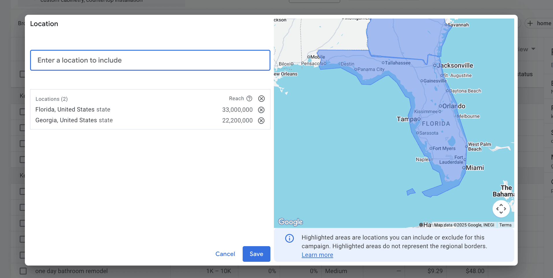 Google Keyword Planner location filter with a map displaying selected service area for targeting construction customers in specific cities or regions