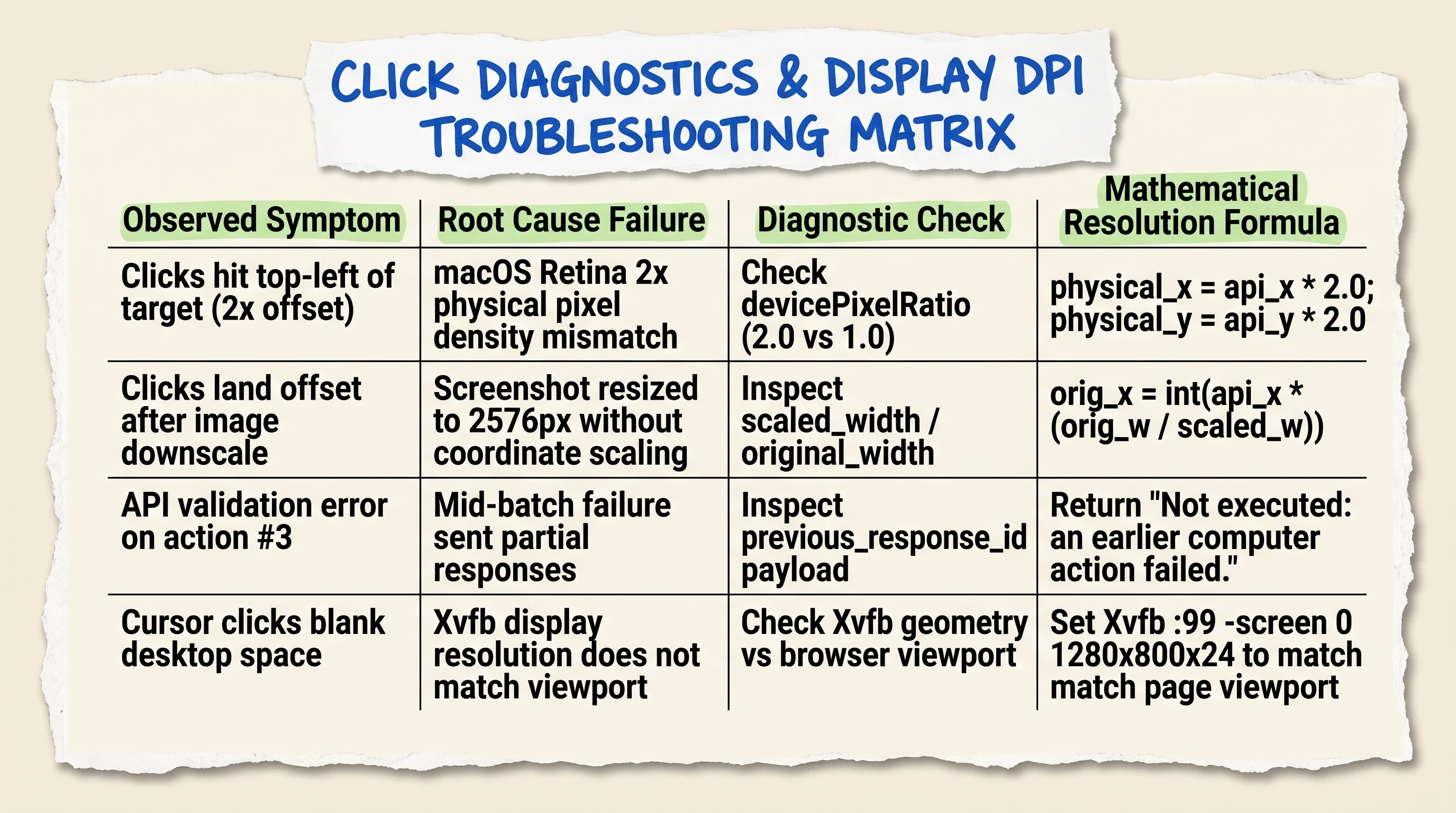 Troubleshooting matrix mapping computer use click offset symptoms and DPI scaling errors to exact code resolutions
