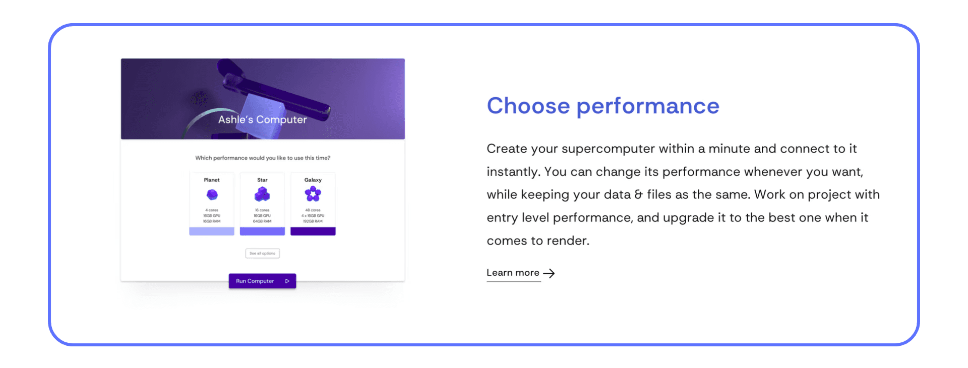 Vagon Cloud Computer performance selection menu with Planet, Star, and Galaxy power tiers
