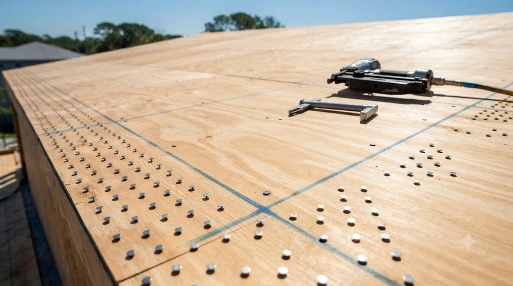 Enhanced perimeter fastening pattern marked out on a roof deck for High Velocity Hurricane Zone compliance in South Florida
