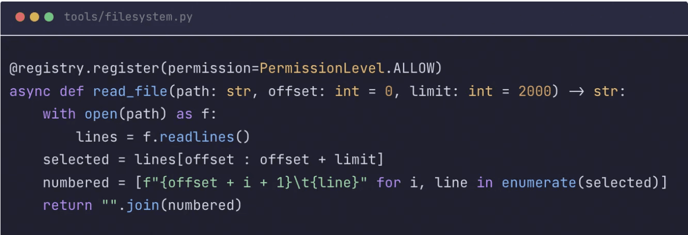 Python code snippet showing DataGOL's tool registry with typed parameters, structured error returns, and explicit permission levels