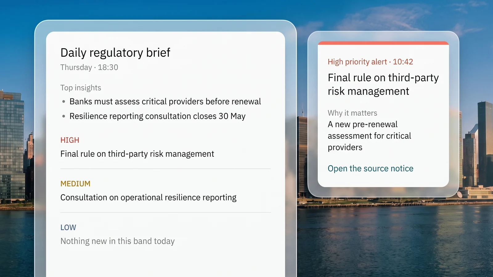 The daily brief with its top insights and each priority band, beside the high-priority alert that went out within minutes with why it matters and a link to the source
