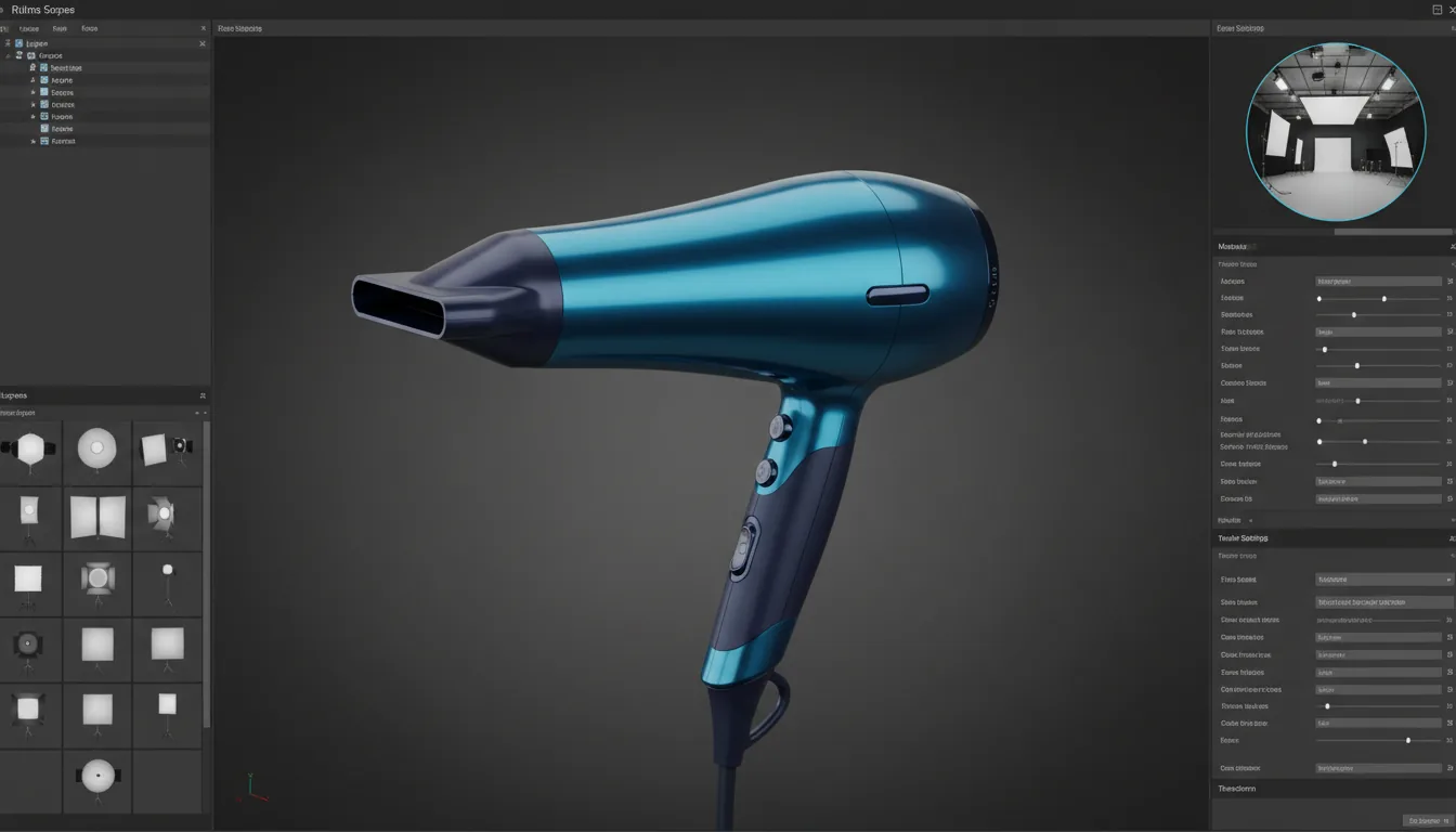 A screenshot of a professional 3D rendering software UI, similar to Rhino 3D, in a modern dark mode theme. The central viewport showcases a photorealistic 3D model of a sleek, metallic blue hair dryer with dark navy accents, rendered against a dark grey studio background. The interface is structured in a three-column layout: the left sidebar features a list with abstracted text lines and a large grid of monochrome studio light thumbnails; the right sidebar contains a 360-degree panoramic HDRI light preview on top and a detailed properties panel below with multiple sliders, dropdown menus, and placeholder data fields. The overall aesthetic is technical and clean, focused on product visualization.