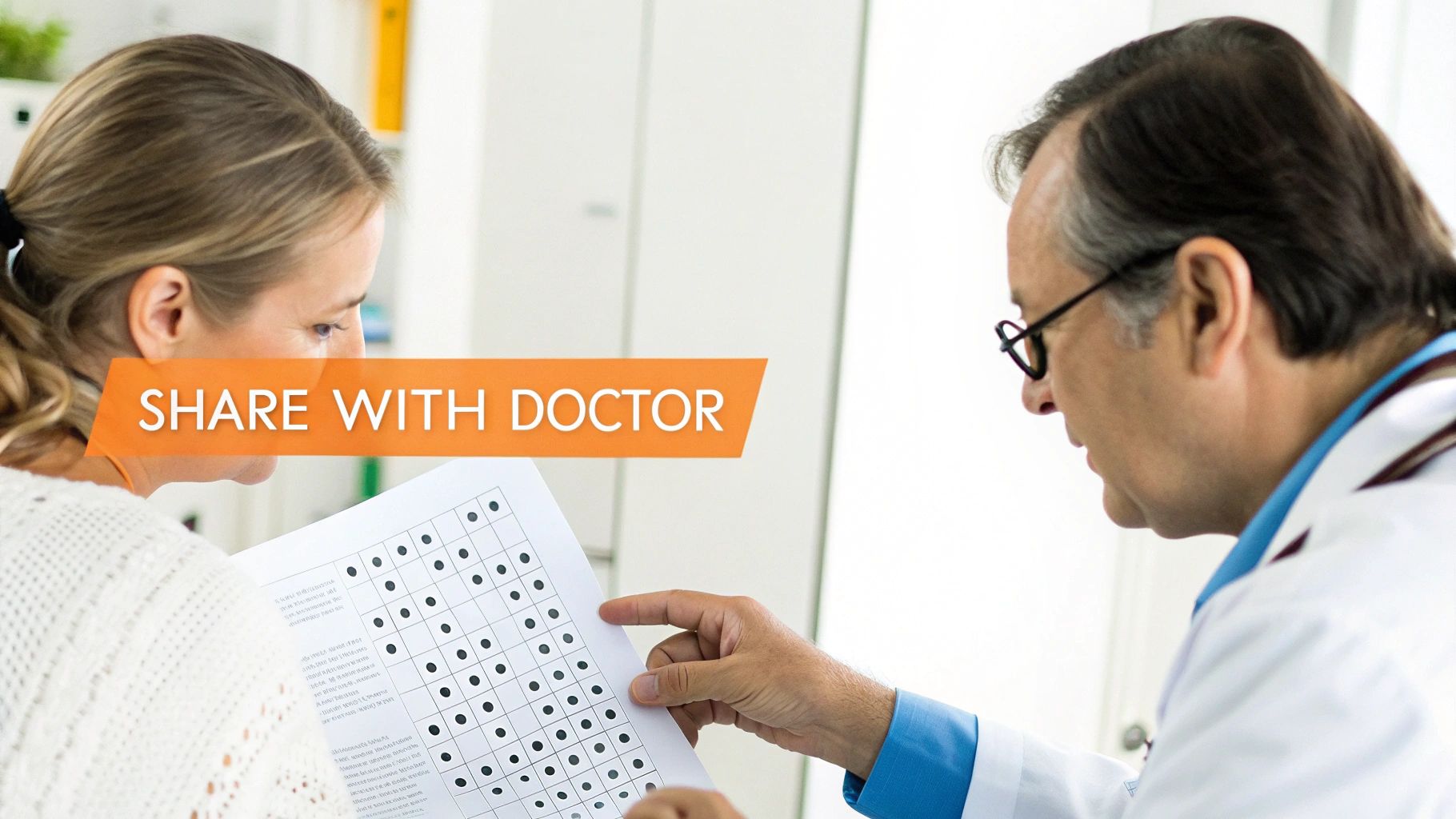 A patient and doctor discuss test results, looking at a document with a grid of dots, implying a medical assessment.