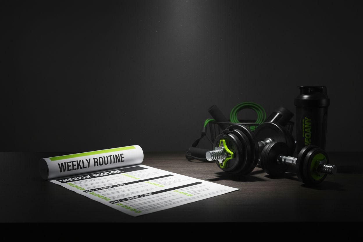 Un plan semanal de entrenamiento en un escritorio junto a equipo de gimnasio