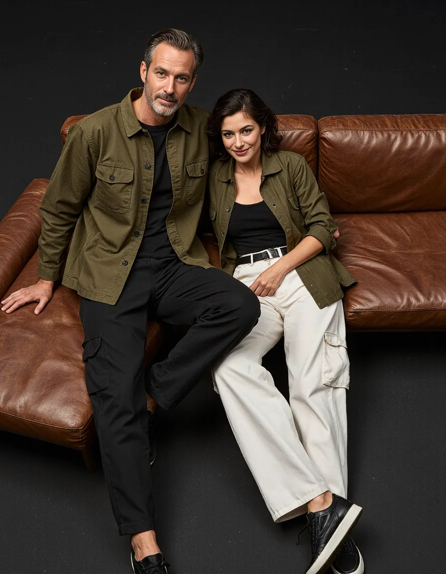 Two people on brown leather sofa wearing coordinated olive green utility shirts, one with black pants, one with white pants against dark backdrop