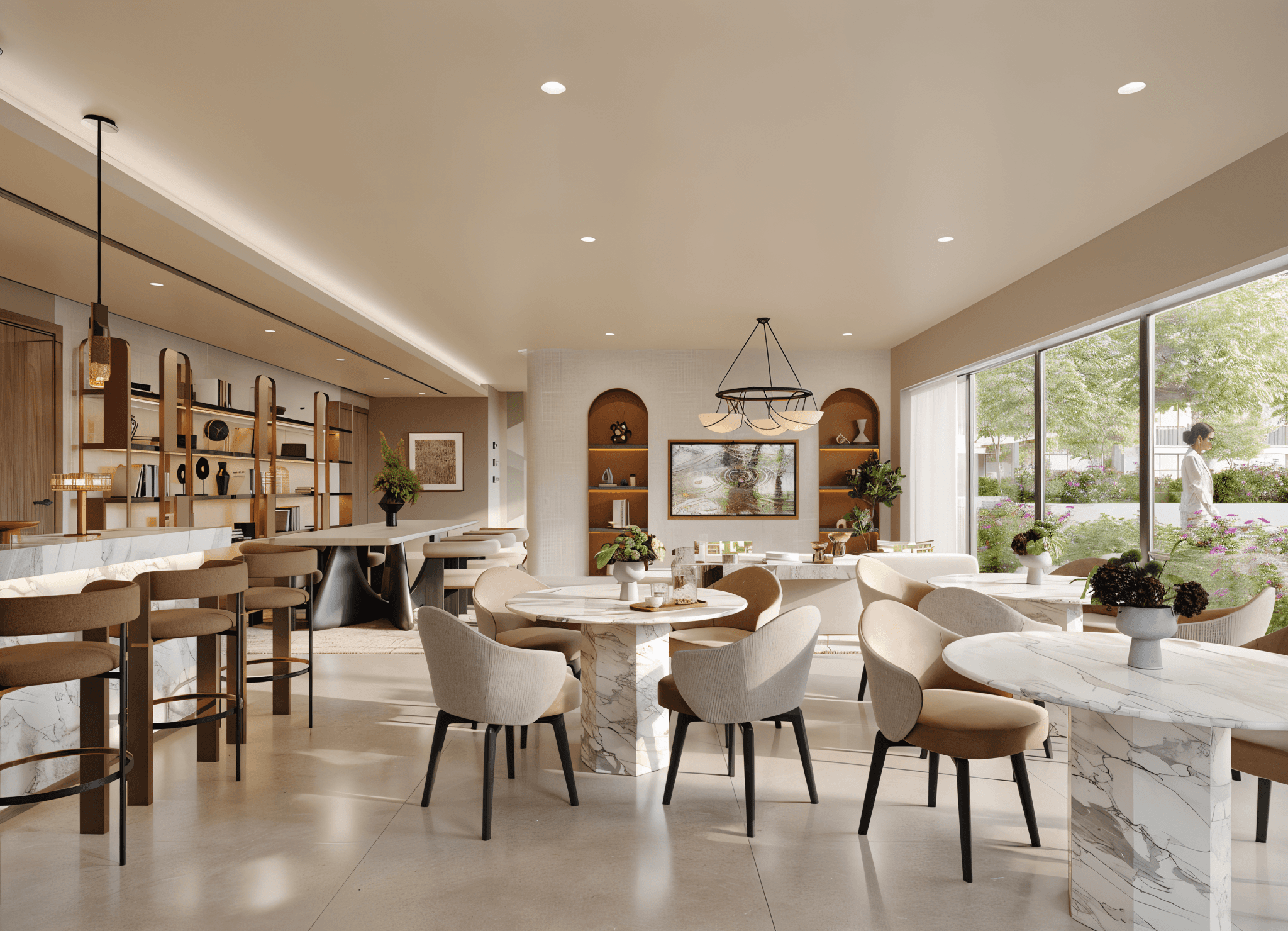  Visual depiction of the restaurant's interior at Palace Residences Hillside, highlighting modern design and cozy seating areas.