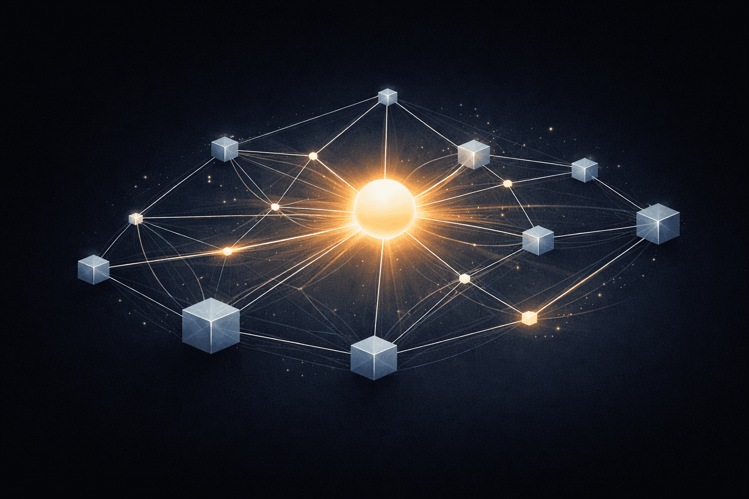 Abstract minimalist illustration of a decentralized geometric network of nodes and connections gently illuminated and optimized by a warm glowing amber orb of intelligence, symbolizing DeFAI; the powerful fusion of autonomous AI agents with decentralized finance for smarter onchain management in 2026