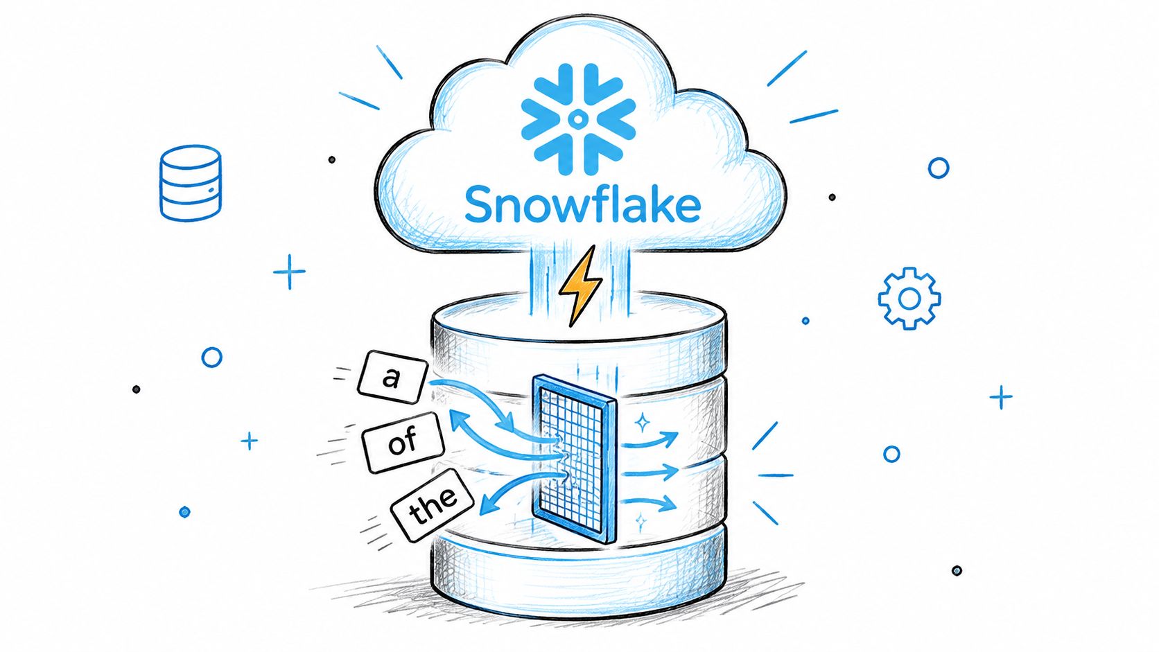 A hand-drawn illustration showing the Snowflake cloud platform processing and filtering out common list stop words.
